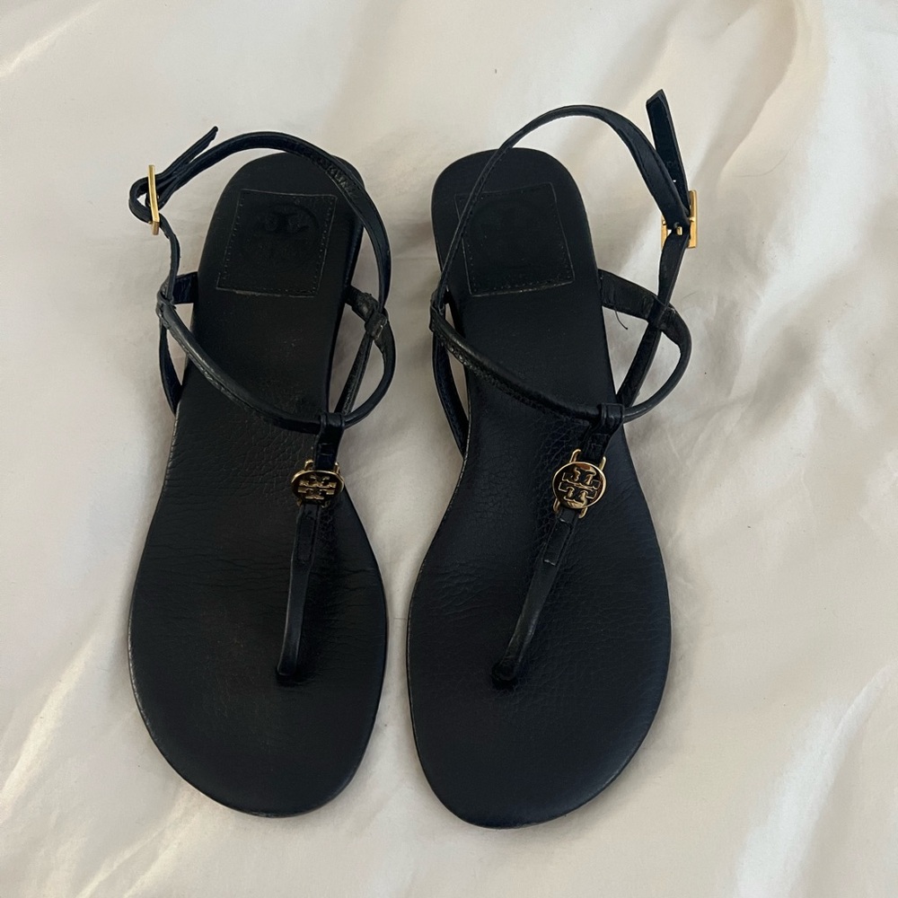 Tory Burch Black Leather T-Strap Sandals with Gold Logo
